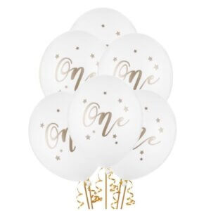 Set 20 baloane latex albe, mesaj One, petrecere aniversare 1 an