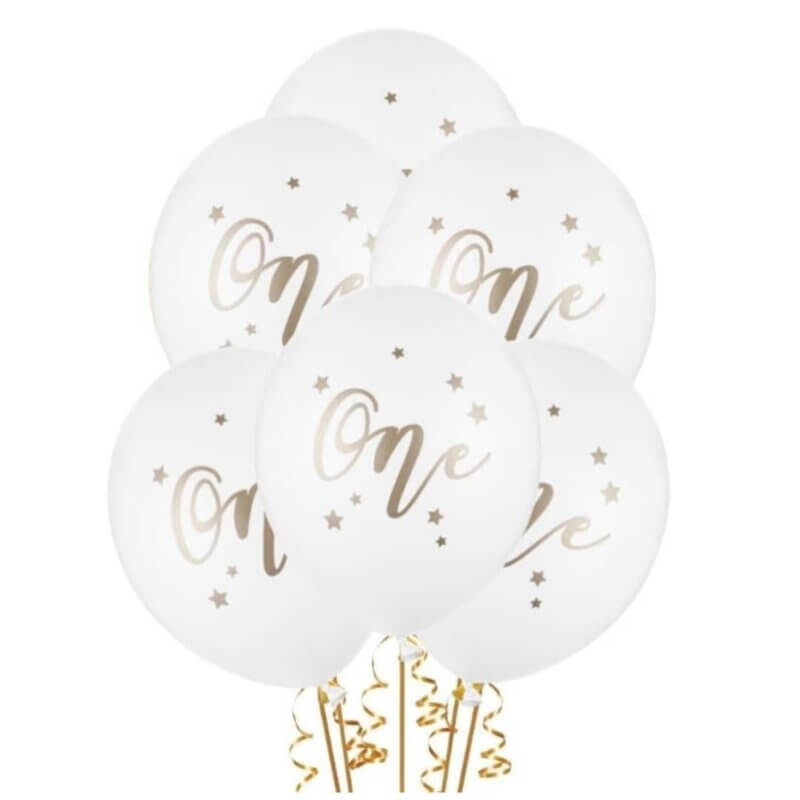 Set 20 baloane latex albe, mesaj One, petrecere aniversare 1 an