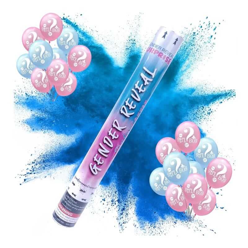 tun confetti pudra bleu Gender Revial1 + latex Tun confetti gender reveal cu pudra colorata bleu, 40 cm si 10 baloane latex