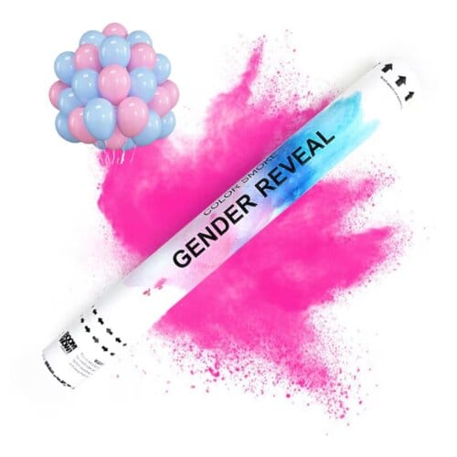 tun confetti pudra roz Gender Revial plus set baloane latex WOW SHOP Tun confetti gender reveal cu pudra colorata roz, 40 cm si 15 baloane latex