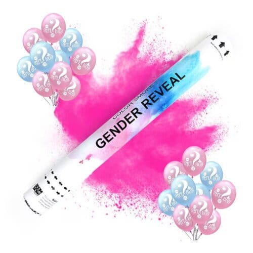 tun confetti pudra roz Gender Revial1 + latex Tun confetti gender reveal cu pudra colorata roz, 40 cm si 10 baloane latex