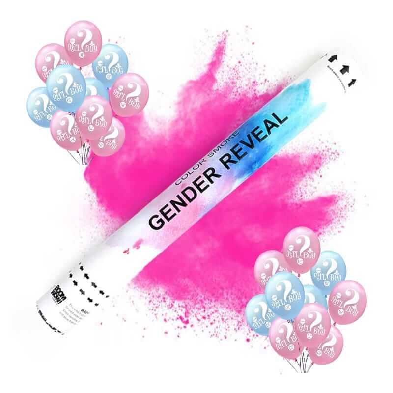 Tun confetti gender reveal cu pudra colorata roz, 40 cm si 10 baloane latex