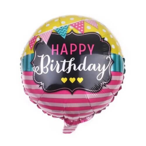 Balon folie Happy Birthday stegulete, rotund, 45 cm