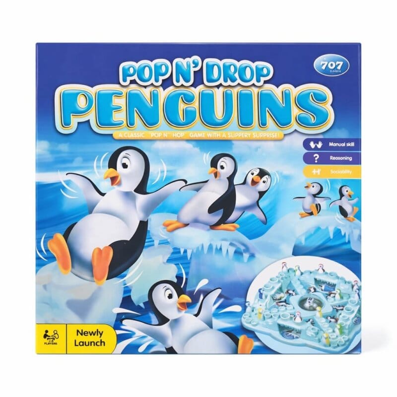 Joc de societate Cursa Pinguinilor pentru copii si familie, 2-4 jucatori, cu pioni si zar integrat, joc distractiv interactiv