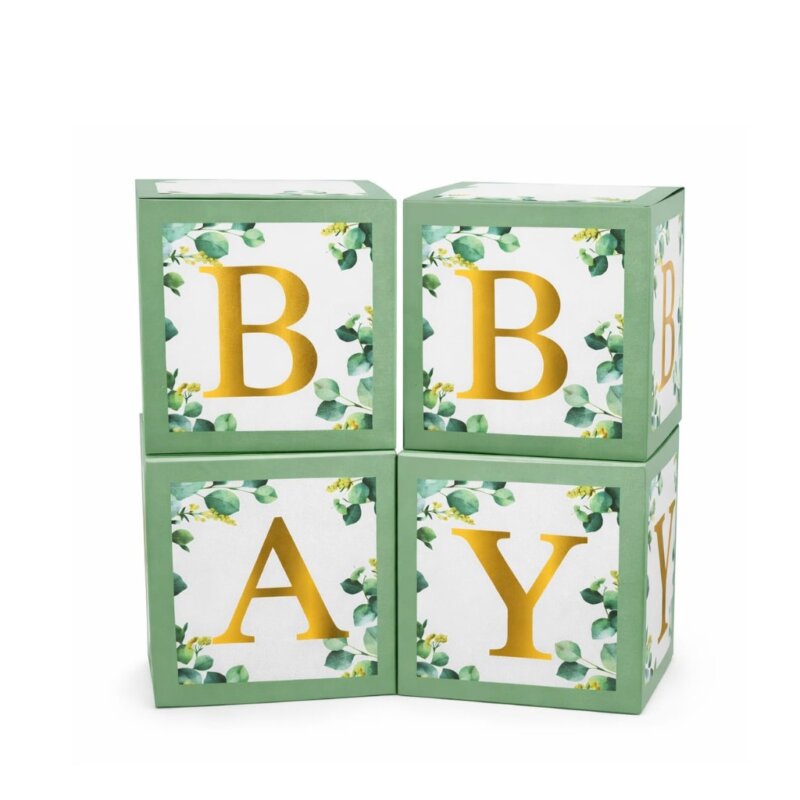 Set 4 Cuburi Decorative Baby din Carton, Auriu – Eucalipt, 30 x 30 cm