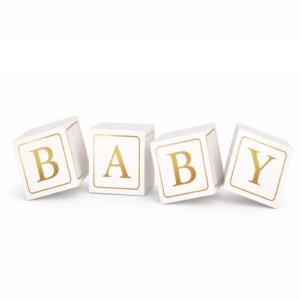 Set 4 Cuburi Decorative Baby din Carton, Auriu – Alb, 30 x 30 cm