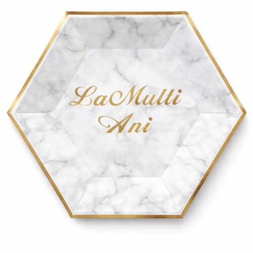 Set 8 farfurii pentru petreceri, print La mult ani marmorat, diametru 18 cm