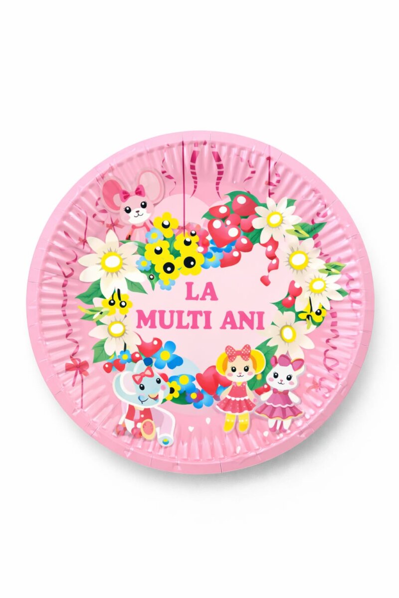 Set 8 farfurii pentru petreceri, print La mult ani, diametru 18 cm