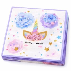 WhatsApp Image 2026-04-01 at 22.02.54 (6) Set 20 servetele pentru petrecerea copiilor in doua straturi, print tema Unicorn, mov bleu, 33 cm x 33 cm