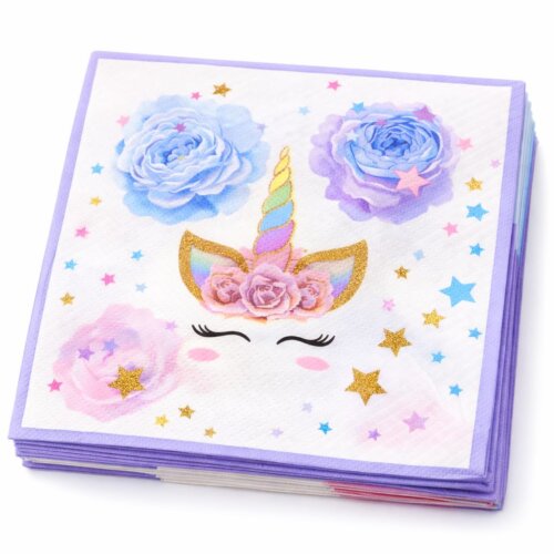 Set 20 servetele pentru petrecerea copiilor in doua straturi, print tema Unicorn, mov bleu, 33 cm x 33 cm