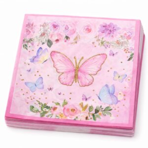 Set 20 servetele pentru petrecerea copiilor in doua straturi, print tema Fluturi, roz, 33 cm x 33 cm