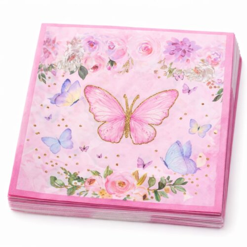 Set 20 servetele pentru petrecerea copiilor in doua straturi, print tema Fluturi, roz, 33 cm x 33 cm