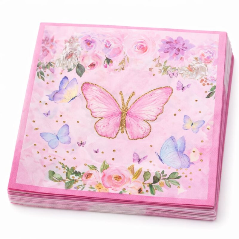 Set 20 servetele pentru petrecerea copiilor in doua straturi, print tema Fluturi, roz, 33 cm x 33 cm