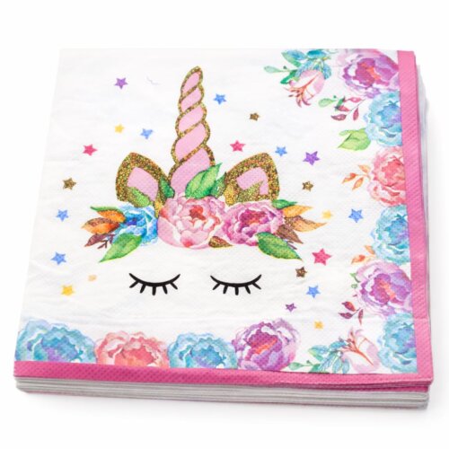 Set 20 servetele pentru petrecerea copiilor in doua straturi, print tema Unicorn, roz, 33 cm x 33 cm