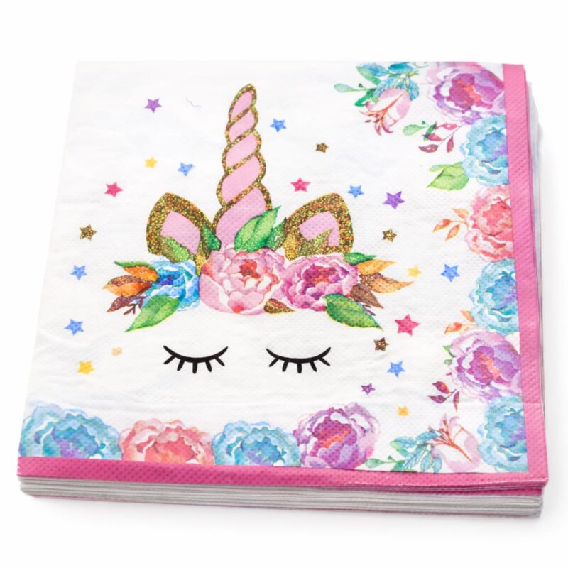 Set 20 servetele pentru petrecerea copiilor in doua straturi, print tema Unicorn, roz, 33 cm x 33 cm