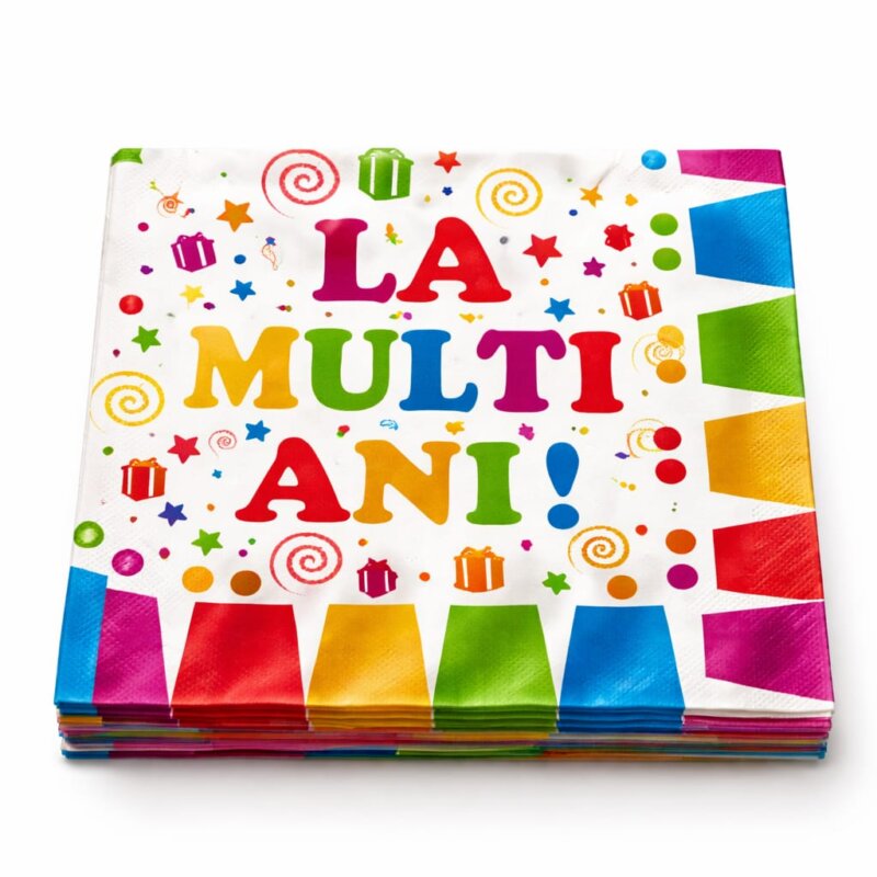 Set 20 servetele pentru petrecerea copiilor in doua straturi, print mesaj La multi ani, multicolor, 33 cm x 33 cm