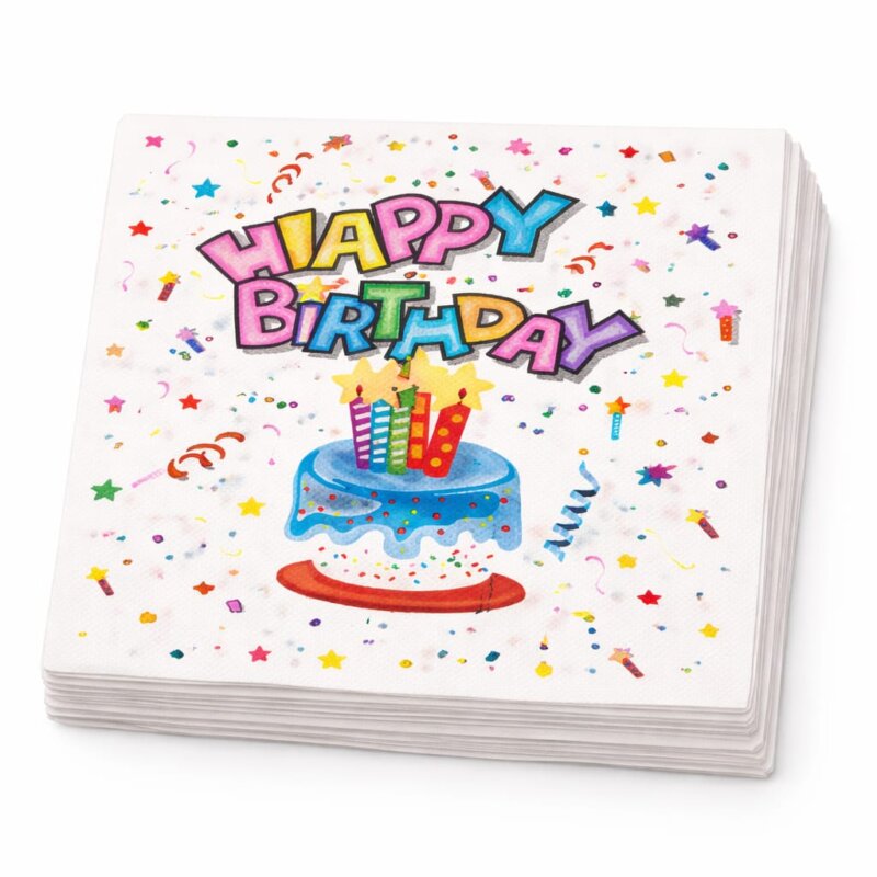 Set 20 servetele pentru petrecerea copiilor in doua straturi, print mesaj Happy Birthday, tort, 33 cm x 33 cm