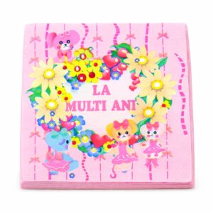 Set 20 servetele pentru petrecerea copiilor in doua straturi, print mesaj La multi ani, floricele, 33 cm x 33 cm