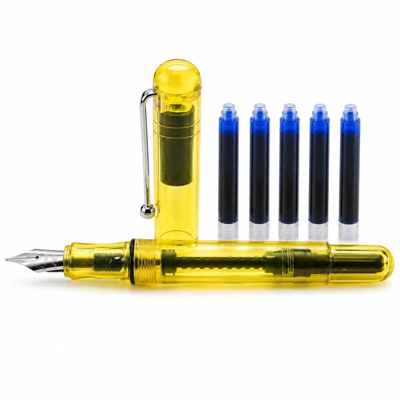WhatsApp Image 2026-04-28 at 10.22.24 Set Stilou Transparent Galben cu Design Modern si Penita Metalica si 5 rezerve, alimentare cu pompita sau rezerve