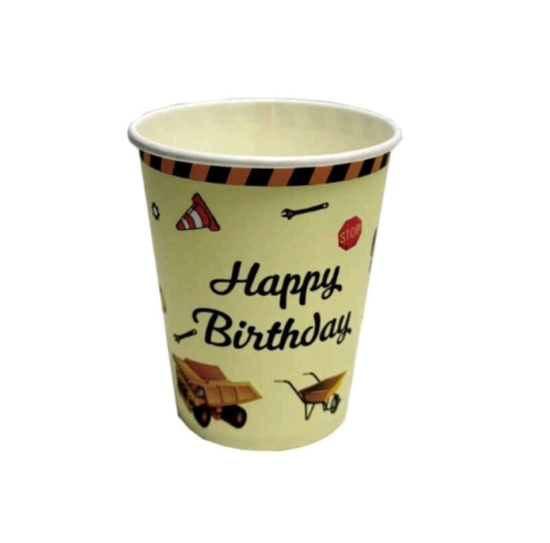 Pahare din carton – Set 8 bucati – Pahare pentru Petrecere Happy birthday - tema utilaje