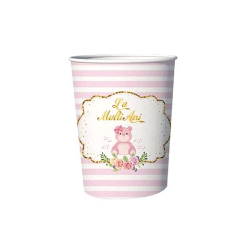 Pahare din carton – Set 8 bucati – Pahare pentru Petrecere -  La multi ani ursulet roz