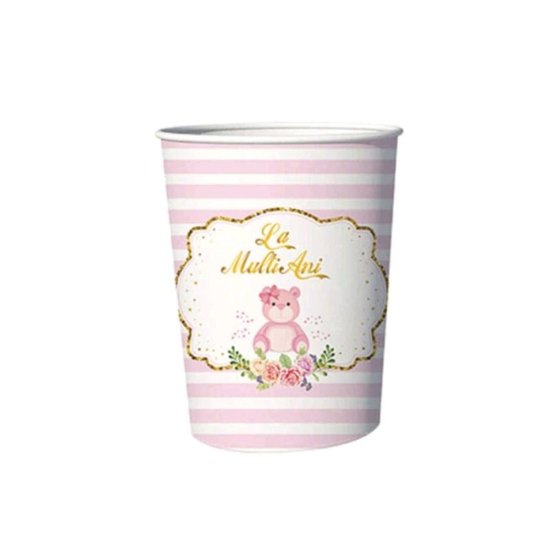 Pahare din carton – Set 8 bucati – Pahare pentru Petrecere -  La multi ani ursulet roz