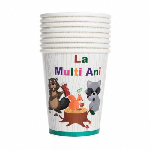 Pahare din carton "La Multi Ani" – Model Animalute din Padure – Set 8 bucati