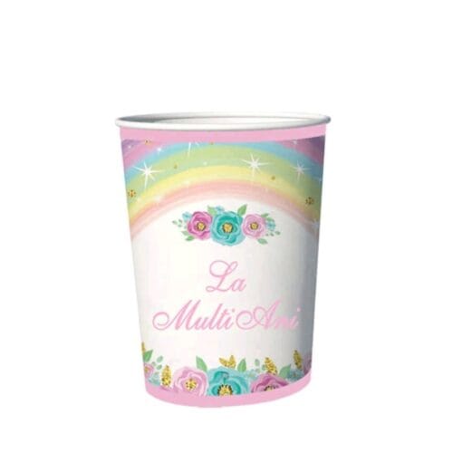 Pahare din carton – Set 8 bucati – Pahare pentru Petrecere - La multi ani Curcubeu