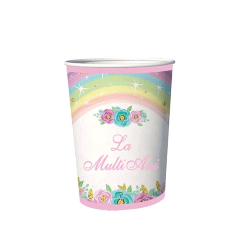 Pahare din carton – Set 8 bucati – Pahare pentru Petrecere - La multi ani Curcubeu